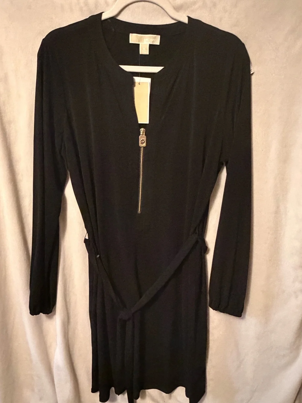 NWT Michael Kors Black Long-Sleeve Zip Front Tie-Waist Dress
